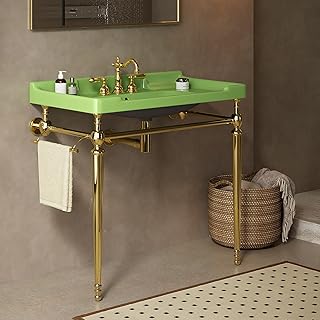 Yayzy 36” Bathroom Vanity with Green Ceramic Sink, Wall-Mounted Console Style, Gold-Finish Stainless Steel Legs & Towel Bar, 3 Faucet Holes, No Faucet