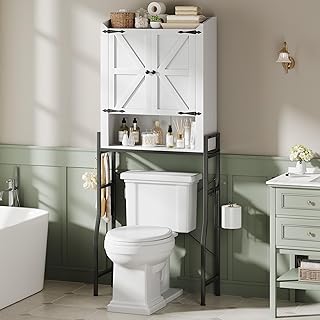 Memobarco Over The Toilet Storage Cabinet, Over Toilet Organizer with 2-Door & Metal Stand, Bathroom Organizers and Storage with Adjustable Shelves for Bathroom, Restroom, Laundry, White