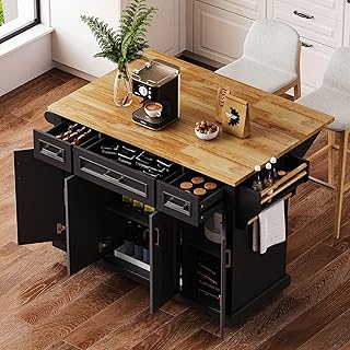 Yayzy Rolling Kitchen Island with Drop Leaf, 4 Cabinet Doors, 3 Drawers & Side Storage Racks, Mobile Kitchen Cart with Rubberwood Top & Locking Wheels for Dining Room & Kitchen, 54-Inch, Black