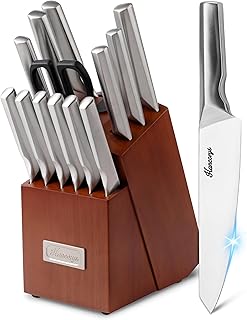 Knife Block Set, Japanese Stainless Steel Kitchen Knife Set with Built-in Sharpener, Sharp Knives with Non-slip Ergonomic Handle - Dishwasher Safe, Home Essential Gifts