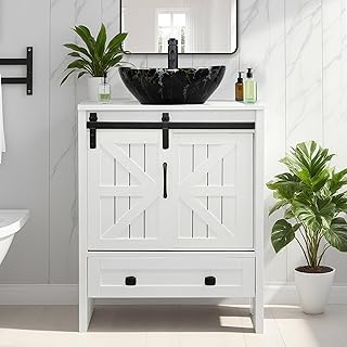Findepot 24 inch Farmhouse Bathroom Vanity with Sink, White MDF Small Bathroom Vanity Sink Combo, Black Marble Ceramic Vessel Sink, Including 10 Optional Above-Counter Basins (Include Faucet)