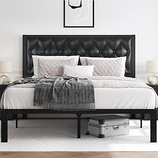 HISOFT Queen Bed Frame with Upholstered Button Tufted Headboard, Bed Frame Platform Metal Slats Support, Under Bed Storage, No Box Spring Needed, Noise-Free, Easy Assembly, Black