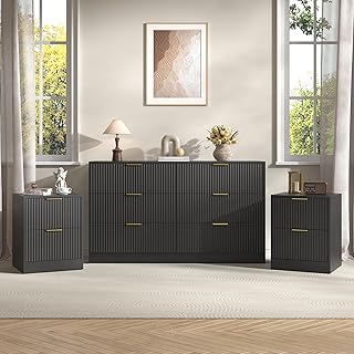3-Piece Modern Bedroom Furniture Set, Wide 6-Drawer Dresser & 2-Drawer Nightstands Set of 2, Natural Wood Dresser and Nightstand Sets for Bedroom, Hallway, Black