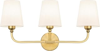 Bathroom Vanity Light, Brushed Gold Bathroom Light Fixtures, 3-Light Lighting Fixtures Over Mirror, Modern Wall Sconce with Flared White Fabric Shade, E26 Socket(ETL Listed)