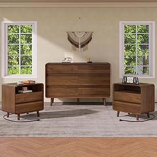 Nasonet Dresser and Nightstand Sets 3 Piece, 6 Drawer Dresser for Bedroom and Nightstands Set of 2, Wood Chest of Drawers Night Stand Mid Century Modern Bedroom Furniture Set, Walnut