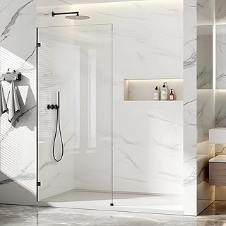 Shower Glass Panel Fixed Shower Screen, 36” W x 78” H 3/8” 10mm Single Frameless Shower Doors for Walk in Shower with Clear Tempered Glass Explosion-Proof Film for Bathroom, Matte Black Hardware