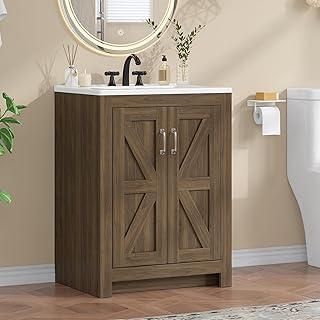 ONBRILL Farmhouse Bathroom Vanity with Sink, Freestanding Bathroom Vanities with Ceramic Basin & Soft-Close Door, Wood Cabinet with Adjustable Shelf for Apartment & Powder Room (Walnut, 24