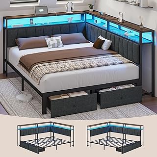 Queen Corner Bed Frame with Storage Drawers, Modern Daybed with LED Lights and Charging Station, Metal Platform Bed Frame Queen Size with Linen Upholstered Guardrail for Dorm Bedroom, Grey