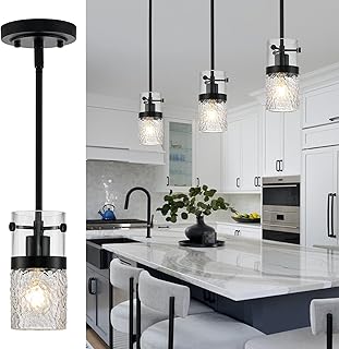 Glass Pendant Light Kitchen Island Black Modern Pendant Light Fixture with Water Ripple Glass 1-Light Mini Hanging Lights for Bathroom Kitchen Sink Bedroom, 3 Pack