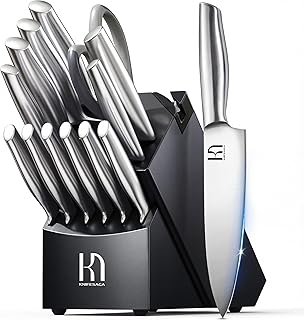 KnifeSaga Knife Set Premium, Kitchen Knife Block Set 14 Pcs Japanese High Carbon Stainless Steel Enduring Razor Sharp, Black Chef Knives Set for Kitchen with Built-in Sharpener and Acacia Wood Block