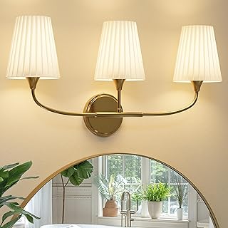 Brushed Gold Bathroom Light Fixtures, 3-Light Vanity Lights | Gold Metal Base, Beige Fabric Flared Shade, E26 Socket, Hardwired, Over Mirror, Bathroom, Bedroom, Hallway (ETL Listed)
