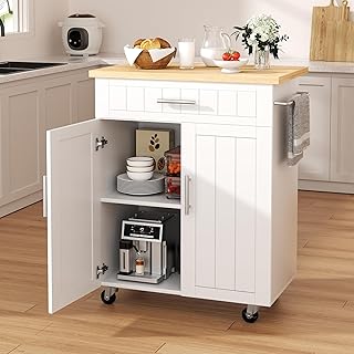 Shintenchi Kitchen Island cart with Storage, Portable Bar Cabinet on Wheels, Rolling Microwave Cart Side Table with Workstation for Kitchen, Dinning Room, White