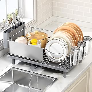 Dish Drying Rack Large Capacity - Stainless Steel Dish Rack for Kitchen Counter with Drain Board, Rustproof Dish Drainer with Auto Drain Spout Utensil Holder Glass Holder, Dinnerware Organizer, Gray