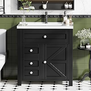 JUMMICO 30'' Bathroom Vanity with Single Sink Combo, Freestanding Modern Bathroom Sink Cabinet, 2 Drawers & 1 Flip-Down Drawer&1 Door with Side Storage (Pure Black)