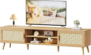 SUPERJARE 70.9 Inch Boho TV Stand for 75 Inch TV, Entertainment Center with Adjustable Shelf, Rattan TV Console with 2 Cabinets, Media Console, Solid Wood Feet, 4 Cord Holes, for Living Room, Natural
