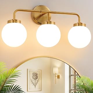 Modern Brushed Gold Bathroom Light Fixtures, 3-Light Vanity Lights Brass Wall Sconce with Globe Milky White Glass Shade Over Mirror for Bathroom Hallway Living Room Bedroom