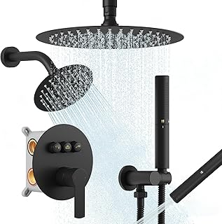 BESy Shower Faucet Set 10 Inch Round Ceiling Mount Rainfall Shower System with 6 Inch Wall Mount Dual Rain Shower Head Push Button Diverter with 2 in 1 Handheld Showerhead for Bathroom Matte Black