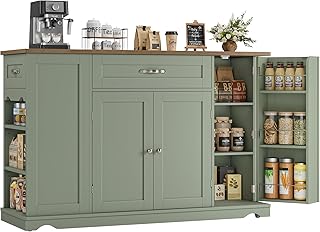 HOSTACK Kitchen Island Cart with Storage, 47'' Kitchen Storage Island on Wheels with 2 Drawers, Rolling Island Table with Adjustable Shelves, Mobile Buffet Sideboard Cabinet for Dining Room, Green