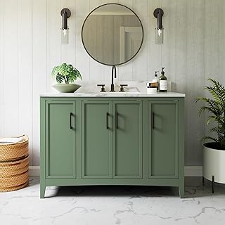 48 Inch Bathroom Vanity with Sink, Solid Wood Bathroom Vanity with Quick Assembly Folding Design, Olive Green Paint Finish with Quartz Countertop, Soft Closing Doors