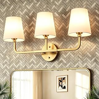 MOKATNG Bathroom Light Fixtures, 3-Light Brushed Gold Vanity Lights, Bathroom Lighting Fixtures Over Mirror with Flared White Fabric Shade, Modern Wall Sconces for Living Room Hallway