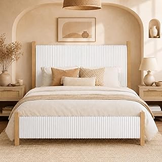 HOMBCK Queen Size Bed Frame with Headboard, Solid Wood Bed Frame Queen Size, Corduroy Upholstered Design, No Box Spring Needed, Noise-Free, Easy Assembly for Couples, Master Bedrooms, White