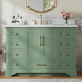 48 Inch Bathroom Vanity with Sink, Solid Wood Bathroom Vanity Fully Assembled, with Carrara White Stone Top & Backsplash, 9 Soft-Closing Dovetail Drawers, Green
