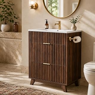 VINGLI 24 Inch Bathroom Vanity with Sink, Walnut Bathroom Sink Cabinet with Fluted Drawers, Freestanding Modern Vanity Cabinet with Ceramic Basin, Side Toilet Paper Holder, Vanity Sink Combo Set