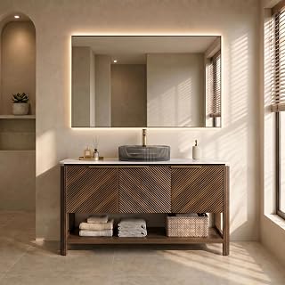 Yayzy 48 Inch Bathroom Vanity with Sink, Freestanding Dark Walnut Bathroom Cabinet, Smoky Gray Glass Vessel Sink, Carrara White Sintered Stone Countertop, Soft Close Doors, Open Storage Shelf