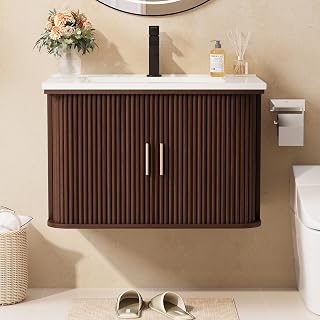 DHH 30 Inch Floating Bathroom Vanity with Ceramic Sink Combo, Wall Mounted Bath Vanity Combo with Fluted Sliding Doors, Modern Small Space Bathroom Cabinet (Walnut)
