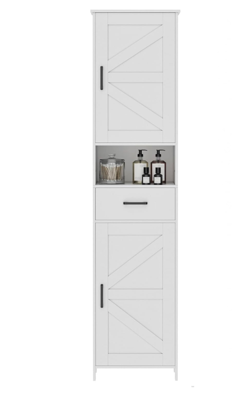 Tall floor-standing bathroom storage cabinet — 5-tier, white wood