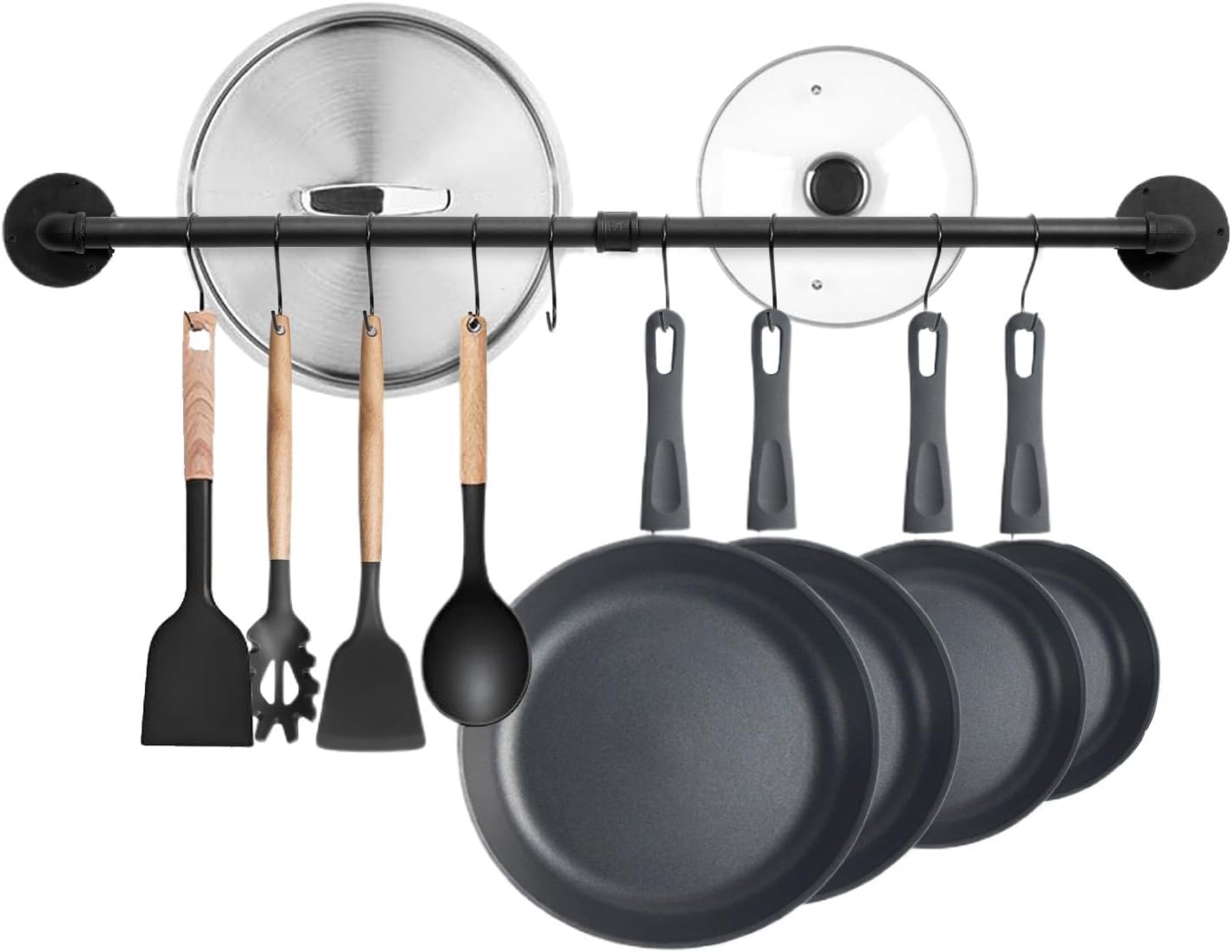 Wall mounted pot rack with hooks (black metal)